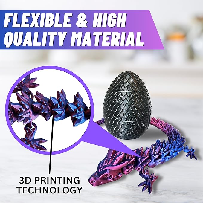 20" Articulated Dragon With Egg - Big Color Changing - 3D Printed Dragon With Egg - Fidget Dragon Egg & 3D Dragon - Toy Dragon Egg With Figures - Made in the USA - (Blue/Red With Black Egg)