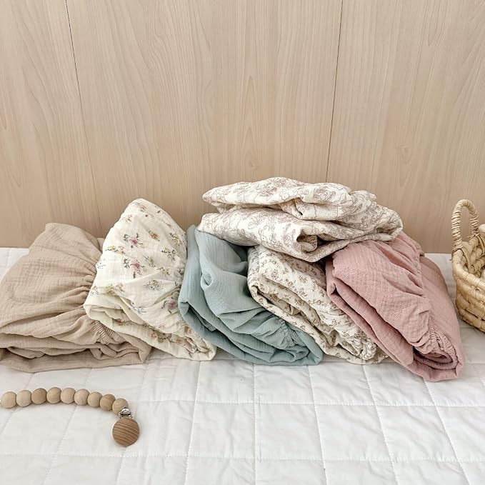 BuLuTu 2 Pack Muslin Crib Sheets for 52"x28" Standard Crib Mattress, Cute Rabbit Print Fitted Crib Sheets for Boys Girls Toddlers, Boho Neutral Soft Cotton Baby Sheets, Beige & Forest