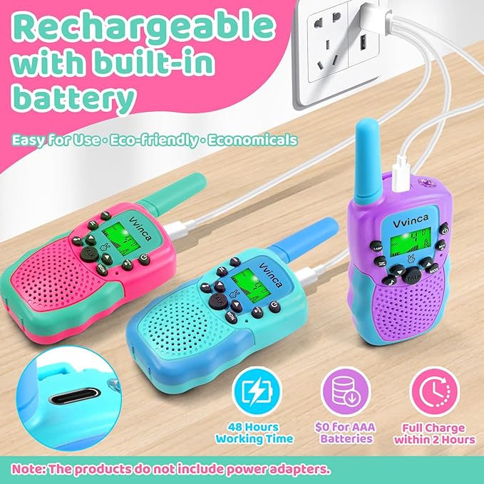 Vvinca Walkie Talkies for Kids Rechargeable 3 Pack, Toys for Boys Girls Age 3-13 Ourdoor Camping Birthday Gift, 3KM Long Range Walkie-Talkie 2 Way Radios 22 CH VOX with Li-ion Battery Flashlight