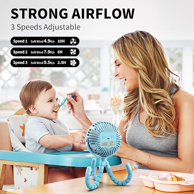 AMACOOL Battery Operated Stroller Fan Flexible Tripod Clip On Fan with 3 Speeds and Rotatable Handheld Personal Fans for Car Seat Crib Bike Treadmill (Blue)