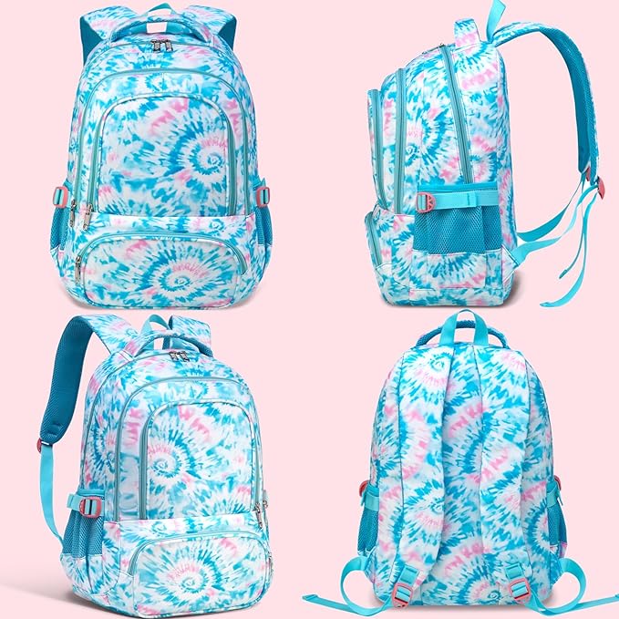 BLUEFAIRY Kids Backpack for Girls Elementary Primary Middle School Bags for Aged 8-10 for Teens Childs Bookbags Back to School Book Bags Mochilas para Niñas de 6 7 8 9 10 Años Tie-dye Blue