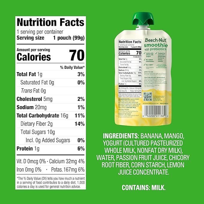 Beech-Nut Toddler Smoothies with Prebiotics, Banana Mango Passion Fruit & Yogurt Baby & Toddler Food Pouches, 3.5 oz (12 Pack)
