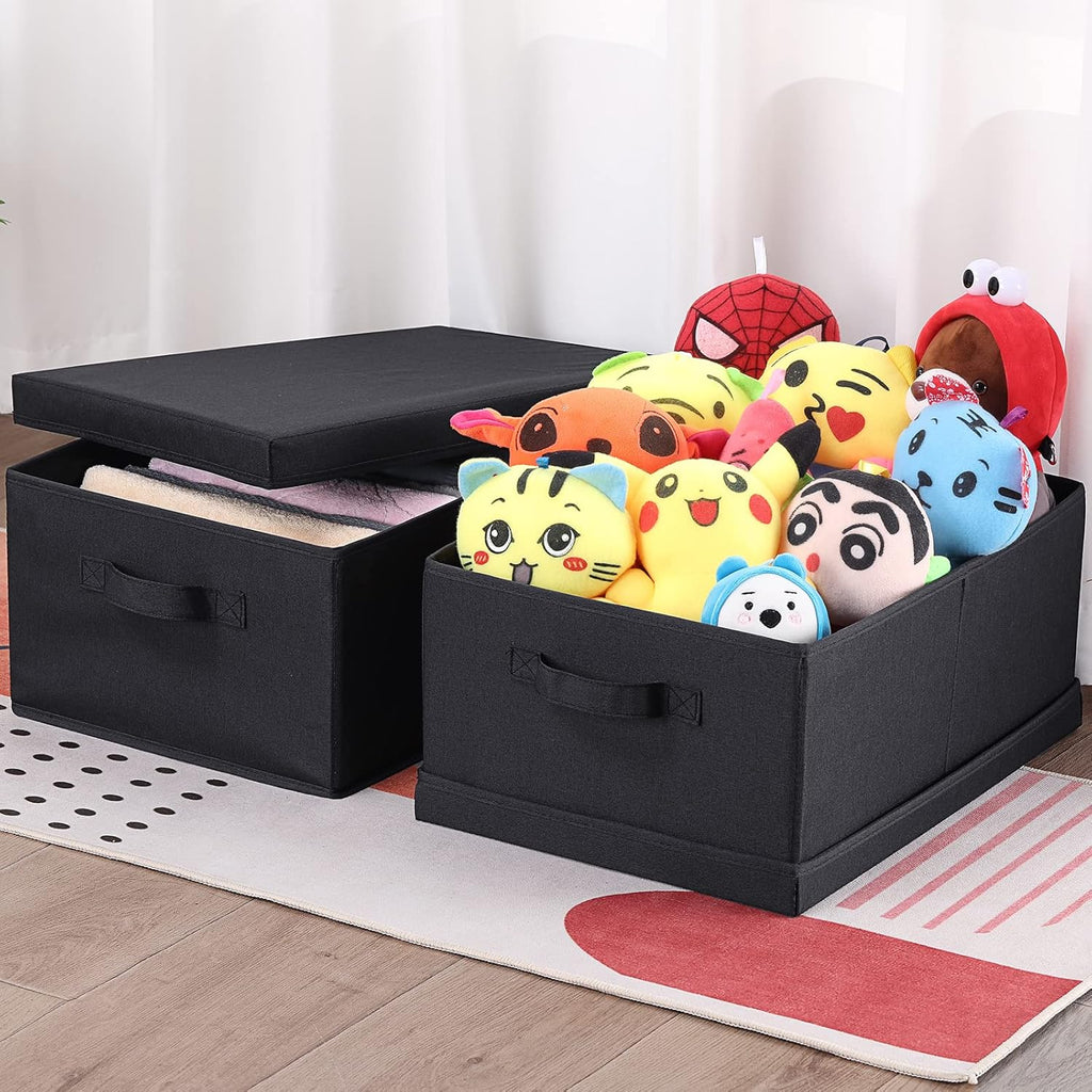 HOONEX Storage Bins with Lids for Organizing, Pack of 2, Storage Boxes with 2 Carrying Handles and Sturdy Heavy Cardboard, 16.5" L x 11.8" W x 7.5" H for Shoes, Books, Clothes, Black