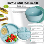 Bluet B- Silicone Baby Feeding Set - Baby Led Weaning Supplies - Baby Spoons, Suction Bowl - Plate - Baby Utensils Set - Silicone Feeding Set for Baby First Foods, Infant Eating - 8pcs - Light Blue