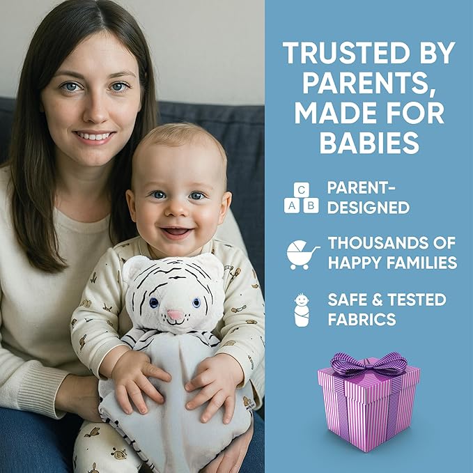 Love By Emi Baby Music Lovey White Tiger, Baby Sleep Soother for Crib & Cuddle Bedtime, White Noise with a Heartbeat & Lullaby, Plush Sound Machine Toy, Stuffed Animal for Newborns, Infants & Toddlers