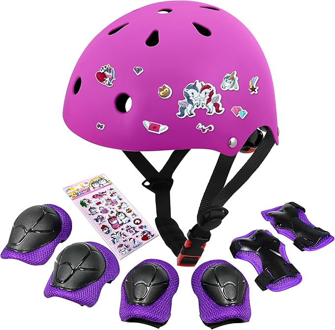 Kids Bike Helmet with DIY Stickers and Knee Pads Elbow Pads Wrist Guard Set for Ages 3-8-14 Toddler Boys Girls Helmet for Roller Skates Cycling Skateboarding Bicycle Scooter