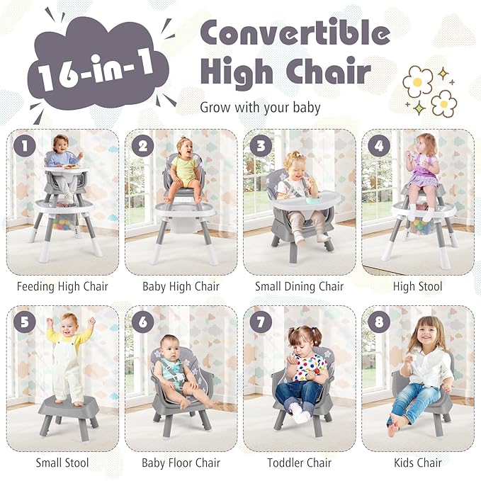 HONEY JOY 16-in-1 Baby High Chair, Convertible Highchair for Babies and Toddlers/Booster Seat/Activity Center with Toys, Building Block Table & Stool, Safety Harness, Removable Cushion & Tray (Gray)