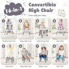 KOTEK 16 in 1 Convertible High Chair, Baby Highchair & Activity Center with Toys, Booster Seat, Building Block Table, Toddler Chair with 5-Point Harness, Removable Tray & Cushion (Gray)
