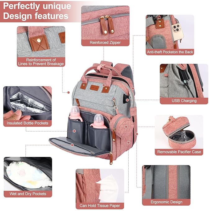 Diaper Bag Backpack, Baby Diaper Bag, Multifunctional Large Capacity, with Diaper Changing Station, Travel Diaper Bag Backpack (Pinkish Gray)