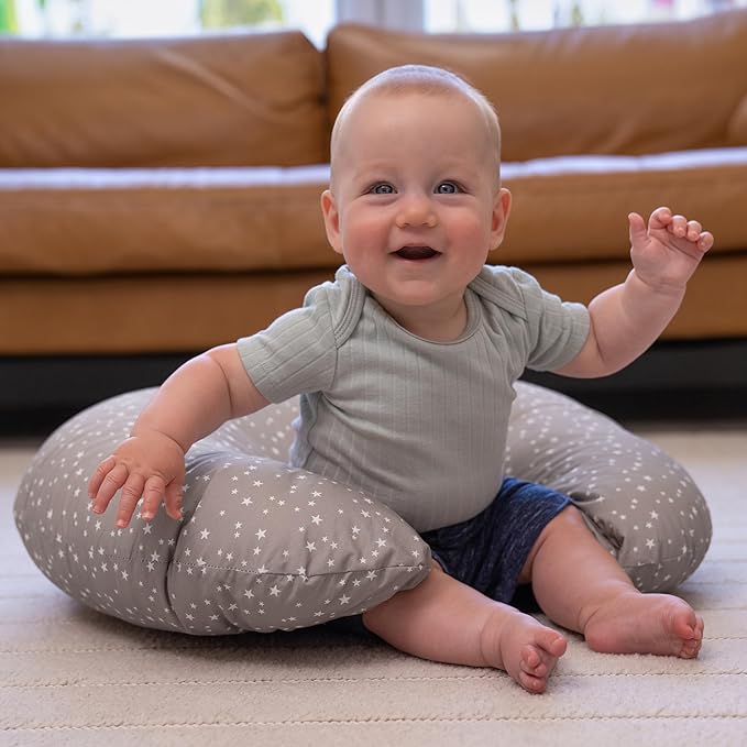 Dr. Mama's Organics Nursing Pillow with Lumbar Support - Ergonomic Design Helps Relieve Back Pain and Arm Fatigue - for Bottle and Breastfeeding - Removable Organic Cotton Cover - (Gray Stars)