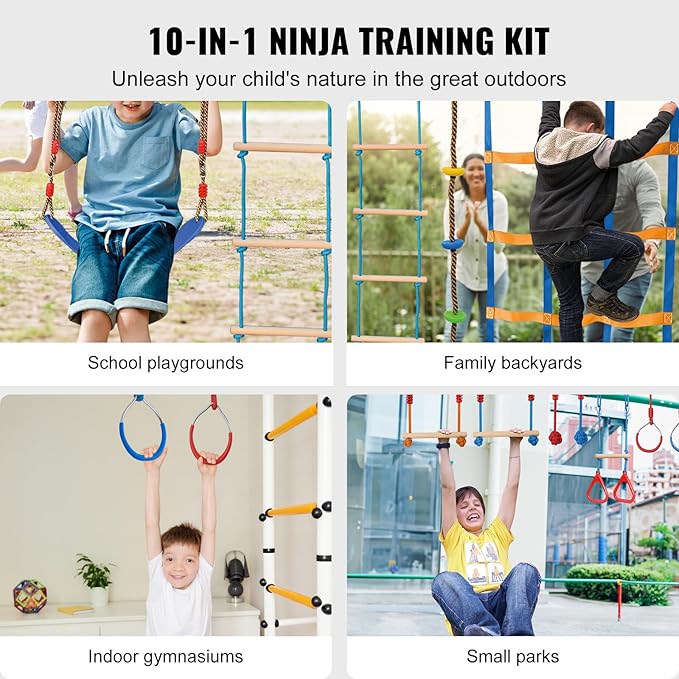 VEVOR Ninja Warrior Obstacle Course for Kids, 2 x 60 ft Weatherproof Slacklines, 500lbs Weight Capacity Monkey Line, Outdoor Playset Equipment, Backyard Toys Training Equipment Set with 14 Obstacles