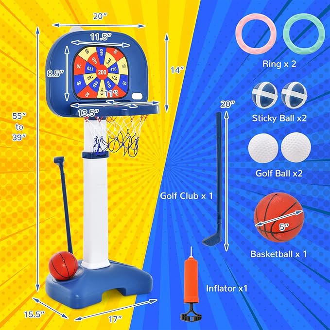 Costzon Kids Basketball Hoop, 4-in-1 Toddler Sports Activity Center with 5 Adjustable Height, Basketball Golf Toss Ring Dart Board Game Set, Indoor Outdoor Toddler Basketball Hoop, Gift for Boys Girls