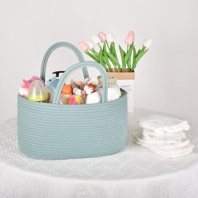 COMSE Large Baby Diaper Caddy Organizer for Girl Boy, Car Caddy with Handles, Cotton Rope Basket for Changing Table, Nursery Organizer, Gift for Baby Shower and Registry Must Have, Light Green