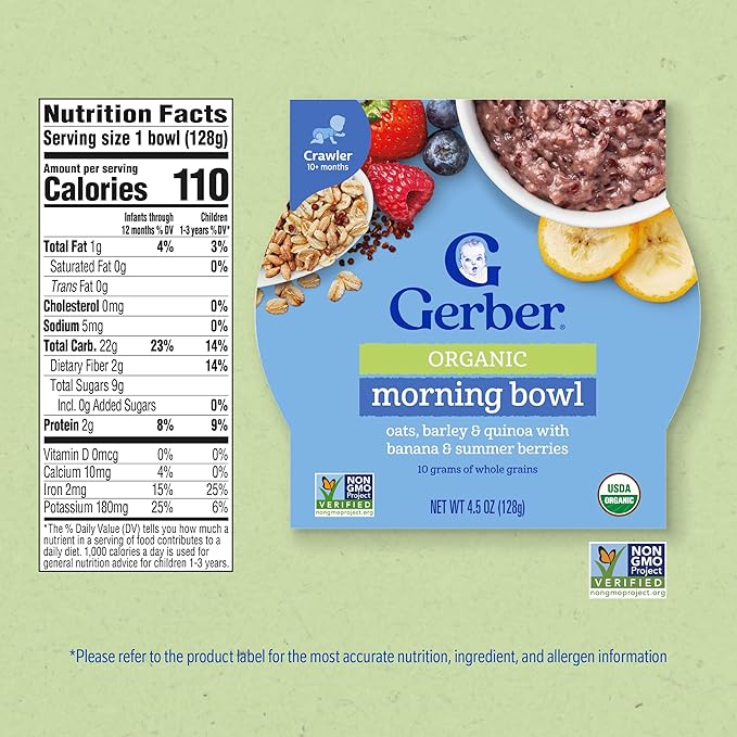 Gerber Stage 3 Baby Food, Organic Morning Bowl, Oats Barley & Quinoa, Baby Oatmeal, 8PK