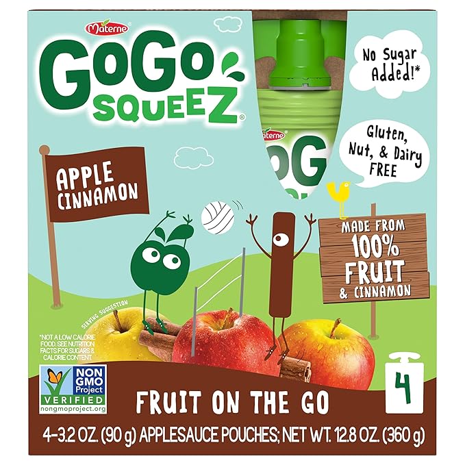 GoGo squeeZ Applesauce and Fruit Puree, Apple Cinnamon, 3.2 oz (Pack of 48), Unsweetened Fruit Snacks for Kids, Gluten Free, Nut Free and Dairy Free, BPA Free Pouches (Packaging May Vary)