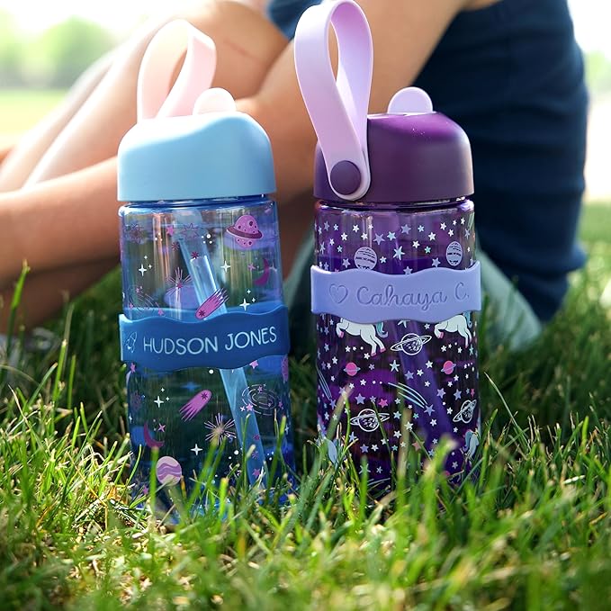 InchBug Orbit Labels Baby Bottle and Water Bottle Silicone Name Bands – Personalized Reusable Label Set for Daycare, Sippy Cups, Preschool, Elementary School, Dishwasher Safe, 4-Pack (Tropical Lagoon)