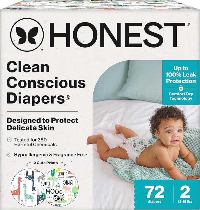 The Honest Company Clean Conscious Diapers for Delicate Skin | Up to 100% Leakproof | Hypoallergenic, Fragrance Free | Gender Neutral | Club Box, Size 2 (12-18 lbs), 72 Count (Prints May Vary)