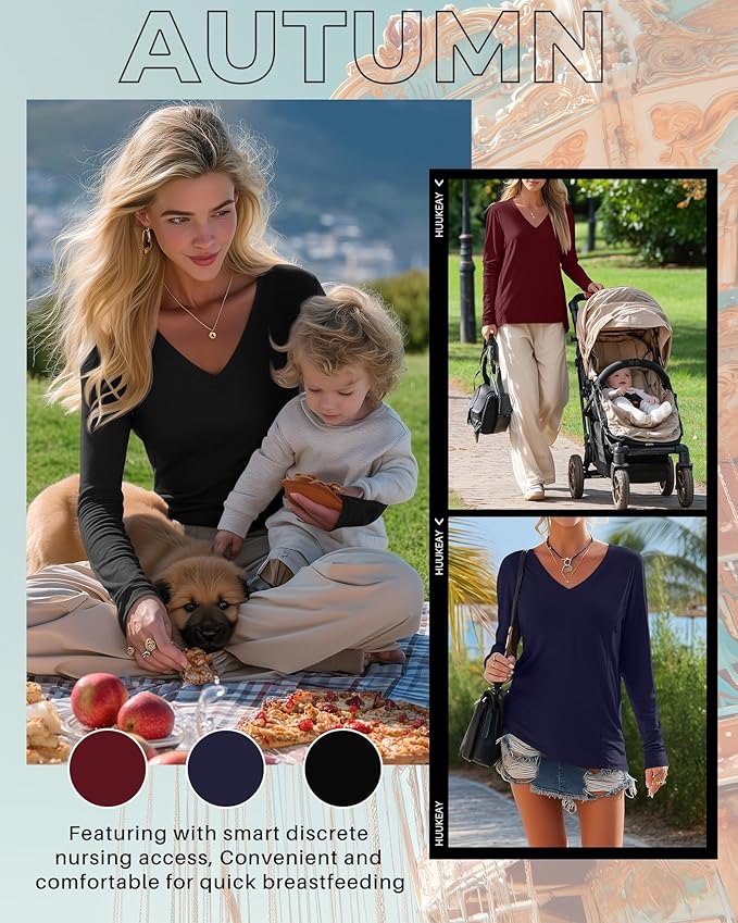 Huukeay 3 Pack Women's Long Sleeve Nursing Tops, Breastfeeding Hidden Zippers Shirts V Neck Maternity Pregnancy Tees Clothes