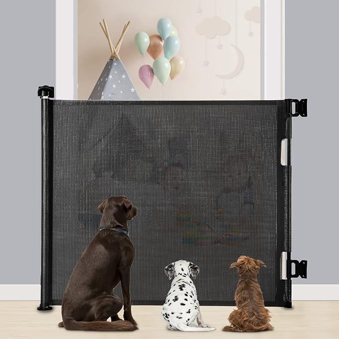 Retractable Baby Gate, Extra Wide Safety Kids or Pets Gate, 33” Tall, Extends to 55” Wide, Mesh Safety Dog Gate for Stairs, Indoor, Outdoor, Doorways, Hallways(33”x55”- Black)