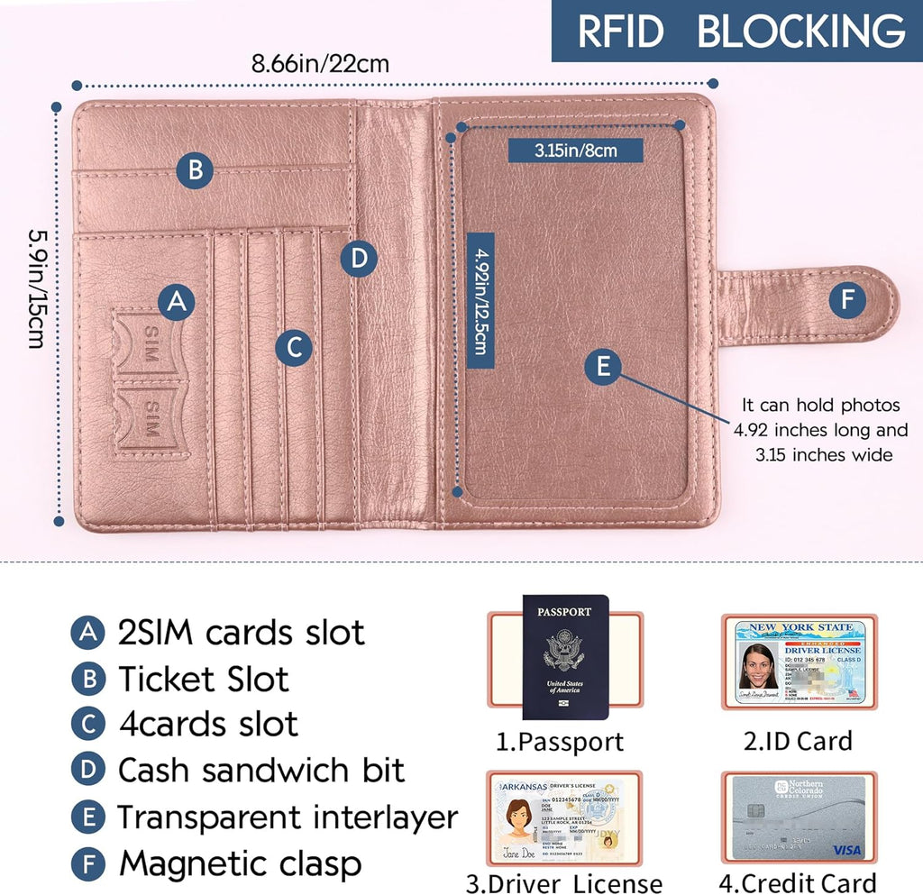 Passport Holder and Card Slot Combo RFID Blocking Leather Family Travel Passport Wallet Travel Accessories for Men Women US Passport Cover Protector (Travel blue)