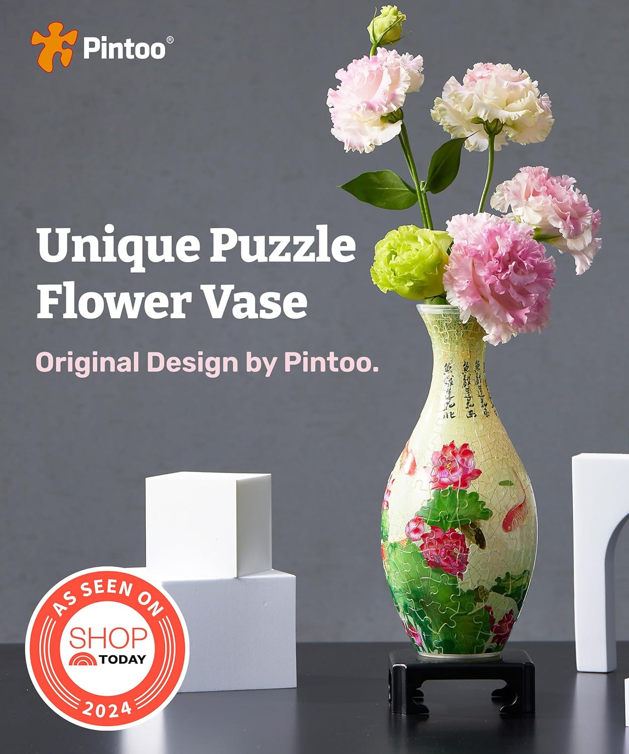 Pintoo 3D Puzzle Vase Unique Flower Vase Made by 160 Curved Plastic Puzzle Pieces House Warming Gift for Flower Arrangements and Home Decoration - [S1024] (Translucent, Carp with Lotus)