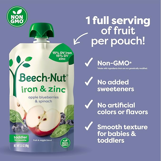 Beech-Nut Baby & Toddler Food Pouches with Iron & Zinc, Apple Blueberry & Spinach Puree, 3.5 oz (12 Pack)