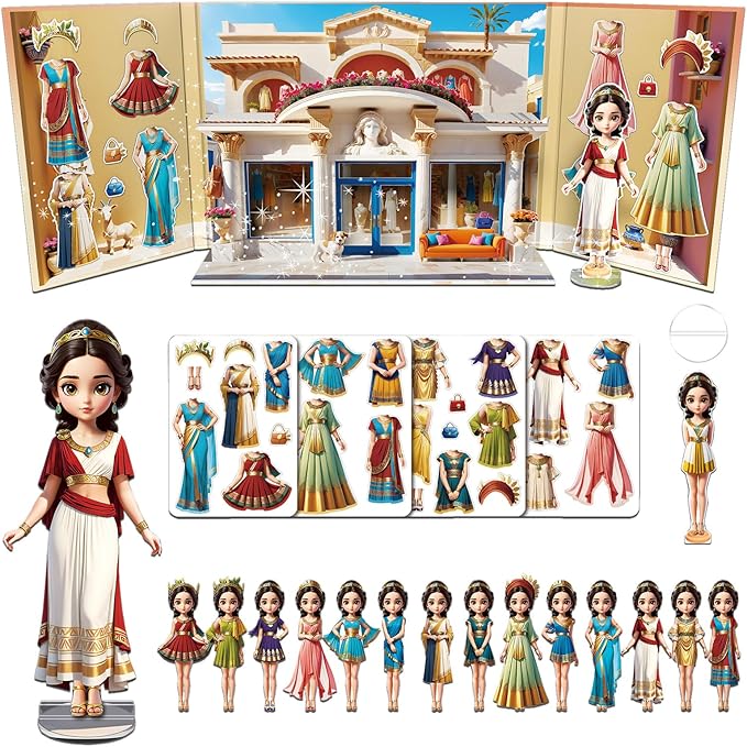 Yuzee Paper Dolls Stickers - Magnetic Dress Up Dolls for Girls - Toddler Travel Toys - 1 Paper Doll and 33 Clothing Accessories with 3D Magnetic Game Scene, Foster Creativity and Imagination