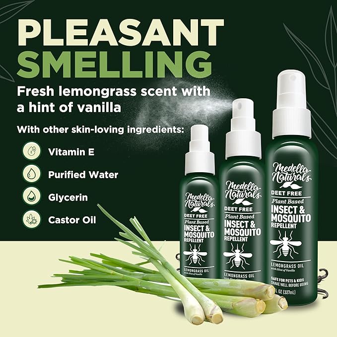 Deet-free Insect & Mosquito Repellent Travel Pack (2, 4, 8oz) – Nice Smelling Insect Repellent with Lemongrass Oil Safe for Pets and Kids – Bug Spray for Mosquitoes, Gnats, Black Flies, and No-see-ums