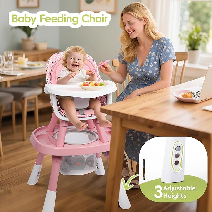 15 in 1 Convertiable High Chair for Babies and Toddlers, 2 in 1 Highchair & Activity Center w/Toys, Booster Seat, Toddler Chair w/5-Point Harness & Removable Tray & 2-Layer Cusion (Pink)