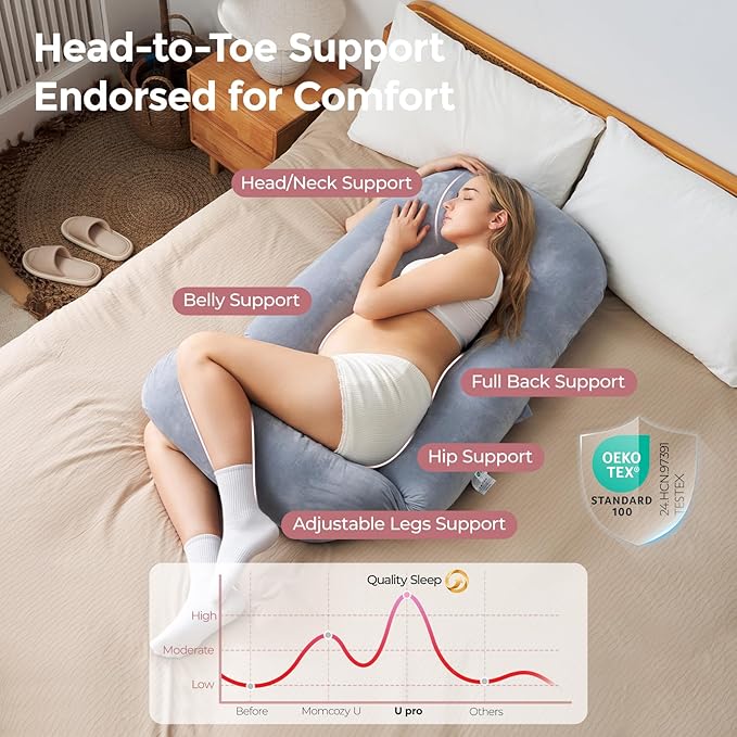 Momcozy Pregnancy Pillow for Sleeping, Dreamlign U Pro Maternity Pillow with Adjustable Leg Pillow, Removable Cover - Support for Back, Hip, Belly, Legs for Pregnant Women, 50-72 Inch Full Body Pillow