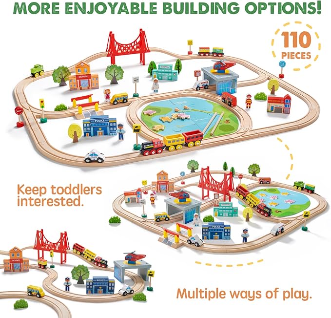 Tiny Land 110PCS Wooden Train Set – Toy Train with Tracks for Kids Ages 3-7, Compatible with Major Brands, Ideal Railway Playset for Boys and Girls, Great Birthday