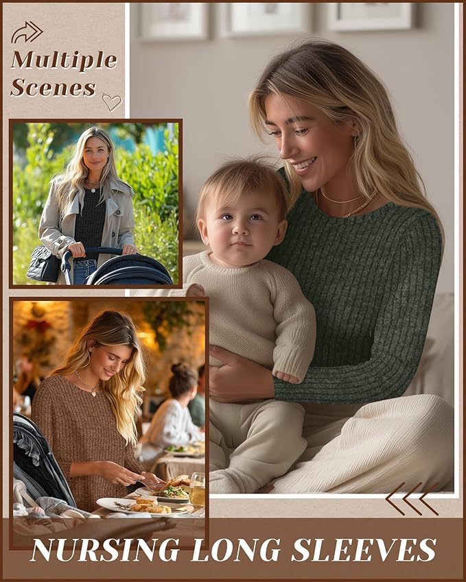 3 Pack Women's Nursing Long Sleeve Tops Breastfeeding Thermal Sweaters with Hidden Zipper Maternity Ribbed Shirts