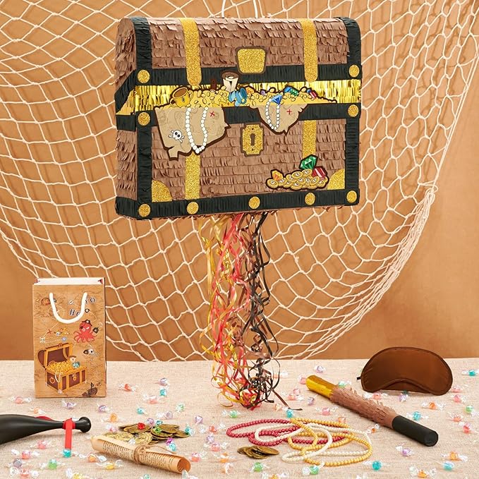 WERNNSAI Treasure Chest Piñata - Pull String Pirate Themed Piñata with Blindfold and Bat Adventure Birthday Party Decoration for Boys Kids Family Games Piñata Adventure Theme Party Supplies