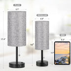 17.4Inches Grey Bedside Lamp for Bedroom Nightstand - Tall Table Lamp with USB A + C Charging Port & AC Outlet, 3 Color Temperatures Pull Chain Light, Side Table Desk Reading Lamp for Living Room