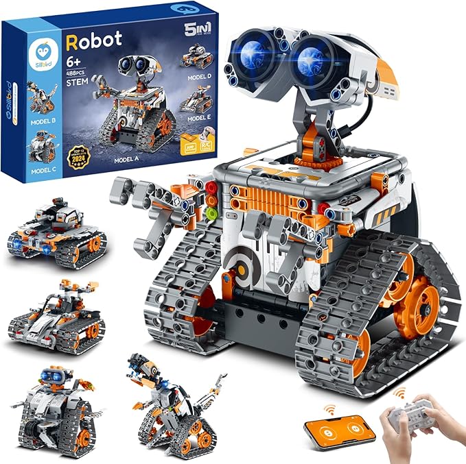 Sillbird Robot Building Kit with Remote Control STEM Gifts for Kids Boys Age 8-12, Coding Technic Robotics Toy for Birthday - Buildable 5in1 Models with 488 Pieces - Orange