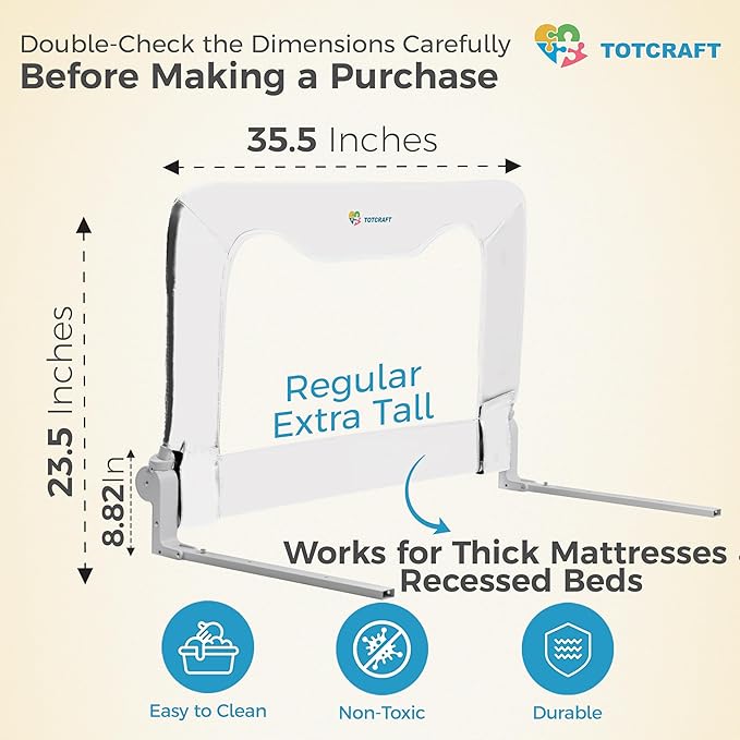 TotCraft Bed Safety Rails for Toddlers - Bed Rail Guard for Queen, King, Full Szie, Twin Mattress Bed (White, 35.5W*23.5H Inch (Regular Extra Tall))