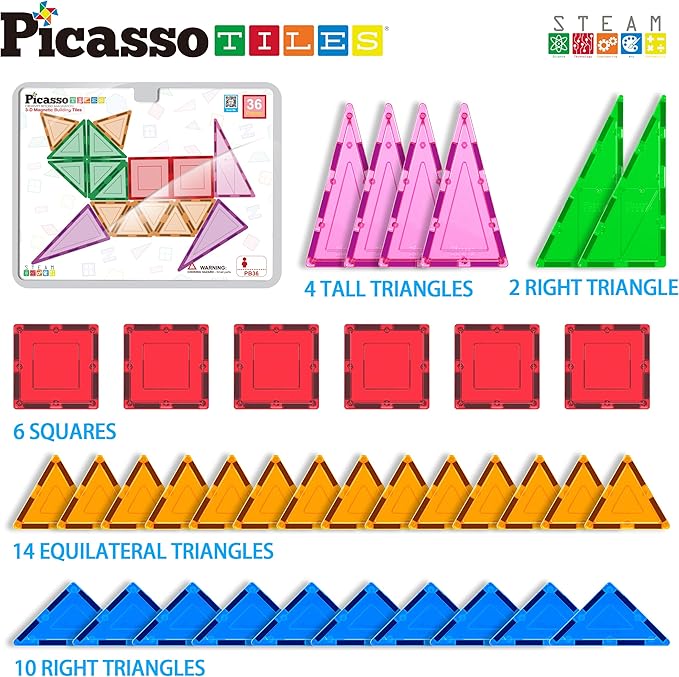 PicassoTiles Magnet Tile Building Block Set Magnetic Construction Square Triangle Tiles Toy Kit Sparking Creativity Geometric Shapes STEM Educational Learning Brain Development Kids Ages 3+ PB36