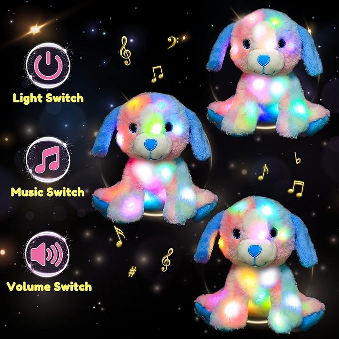 Hopearl LED Musical Stuffed Puppy Lighting Up Singing Plush Toy Adjustable Volume Lullaby Animated Soothe Birthday Festival for Kids Toddler Girls, Rainbow, 10.5''