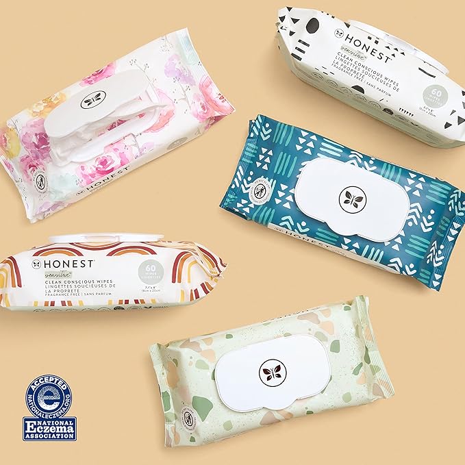 The Honest Company Clean Conscious Multi-Use Wipes | Hypoallergenic + Unscented for Sensitive Skin | Over 99% Water, Compostable, Plant Based, Baby Wipes | Pattern Play, 60 Count
