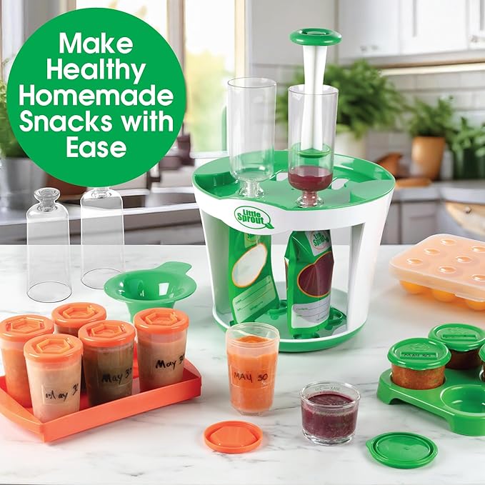 Baby Food Maker for Infants & Toddlers (11 Piece Set)- 4 6oz Food Squeeze Purees at Once w/Fill Station, Pouches, Funnel, Tubes & Plunger- Dishwasher Safe & BPA Free for Semi-Solid Food, Gift