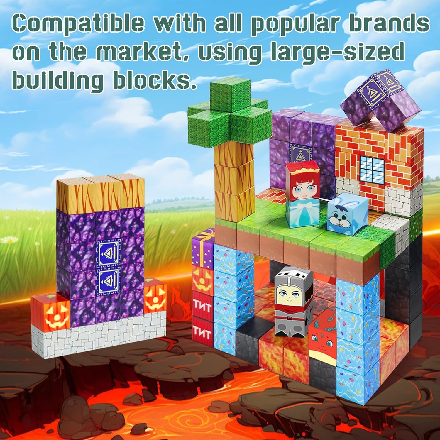 Magnetic Blocks -Adventure at Lava World Blocks Set - Magnetic Cubes Building Blocks Toys for Halloween Christmas Birthday Gift - STEM Sensory Toys for 3+ Years Old Girl Boys
