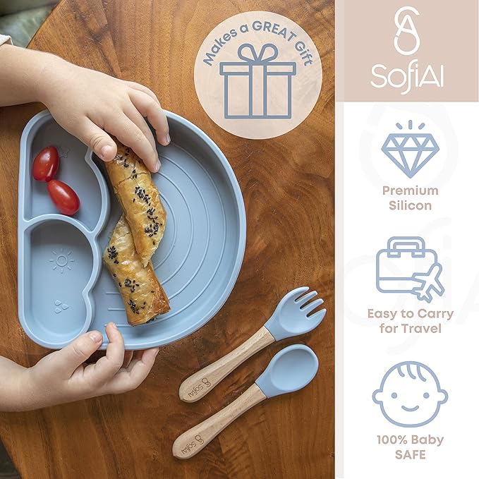 All In One Silicone Feeding Set - Safe for 6-12 Months - Non-Toxic Baby Led Weaning Supplies - Toddler Self Feeding Utensils - BPA-Free - Mess Free Essentials