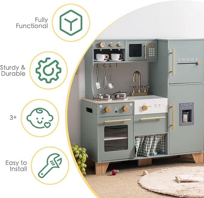 ROBOTIME Play Kitchen for Kids Toddlers, Wooden Pretend Play Kitchen Set Toy with Fridge, Ice Maker, Coffee Maker, Toys Kitchen Gift for 3+ Year Old Kids, Girls & Boys