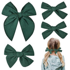 DEEKA 4 PCS Dark Green Cotton Linen Hair Bows 3 Styles 5" & 4" Handmade Hair Bow set for Toddler Girls Alligator Hair Clips Knot Bows Hair Accessories for Little School Girls (Dark Green)