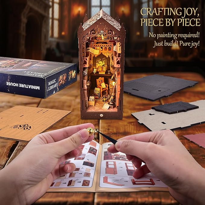 Book Nook Kit for Adult DIY Booknook Dollhouse Miniatures Bookshelf Insert Library Decor 3D Wooden Puzzle