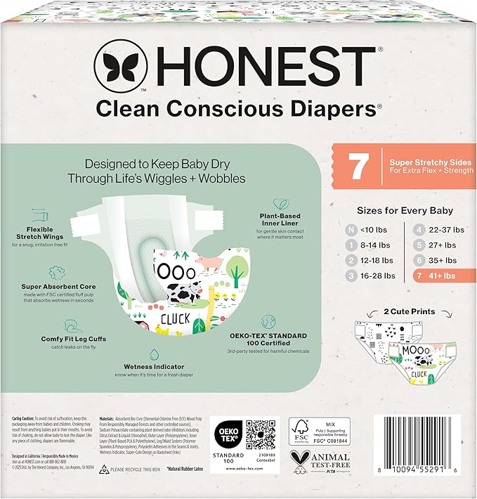 The Honest Company Clean Conscious Diapers for Delicate Skin | Up to 100% Leakproof | Hypoallergenic, Fragrance Free | Gender Neutral | Club Box, Size 7 (41+ lbs), 32 Count (Prints May Vary)