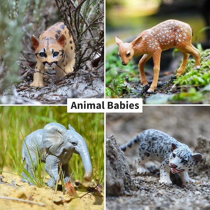 Toymany 12PCS Forest Animals Baby Figurines, Realistic Woodland Animals Figures Toys Includes Elephant, Mountain Lion, Giraffe and Deer Cubs, Cake Toppers Christmas Birthday Gift for Kids Toddlers