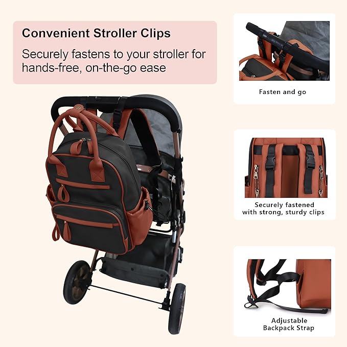 JESSIE & JAMES Saturday EDC Diaper Bag Backpack Multi Function Diaper Bag with Changing Pad & Stroller Straps_Black/Brown