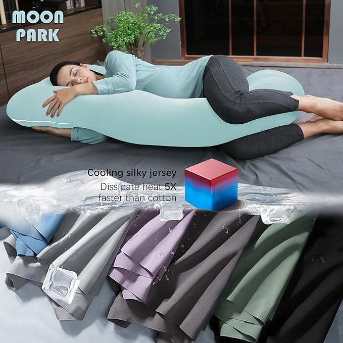 MOON PARK Pregnancy Pillows for Sleeping - U Shaped Full Body Maternity Pillow with Removable Cover - Support for Back, Legs, Belly, HIPS - 65 Inch - Ice Blue - Cooling Cover