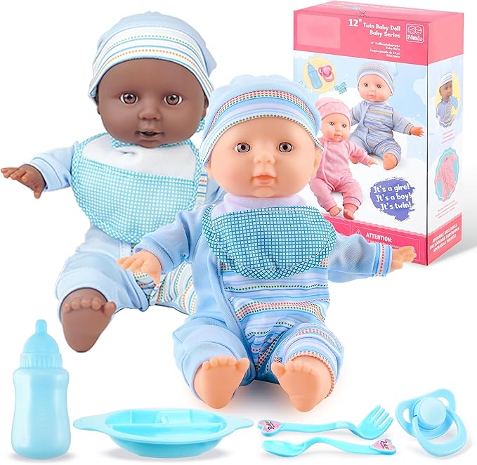 Toy Choi's Twin Baby Dolls - 12 inch Two Soft Body Black and White Doll with Accessoires, Dolls Play Set for 2 3 4 5 Year Old Boys and Girls Gift | Blue Outfit Doll Set